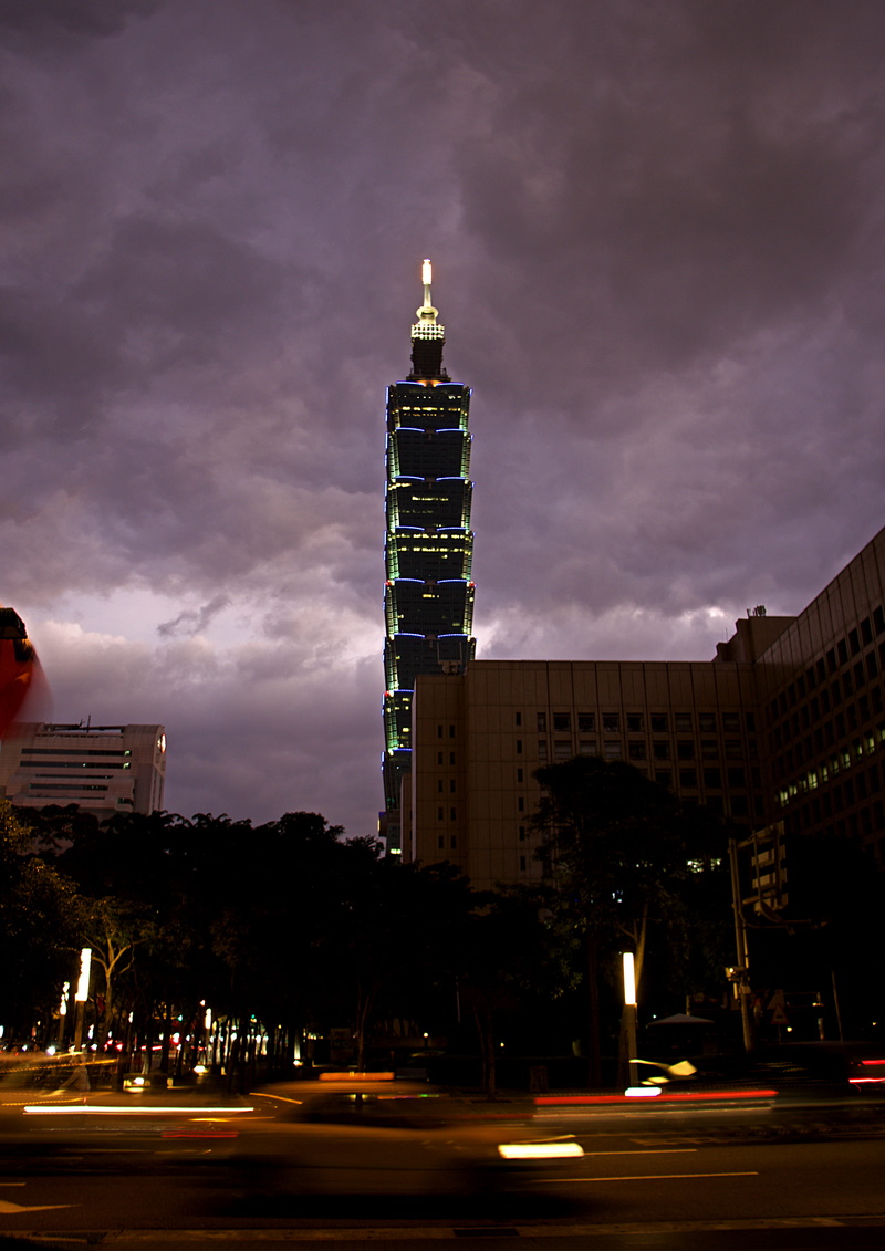 taipei 101, lights, tower, asia, car, city street, city, nature, clouds, outdoors, office building exterior, skies, built structure, taipei, poster, blurred