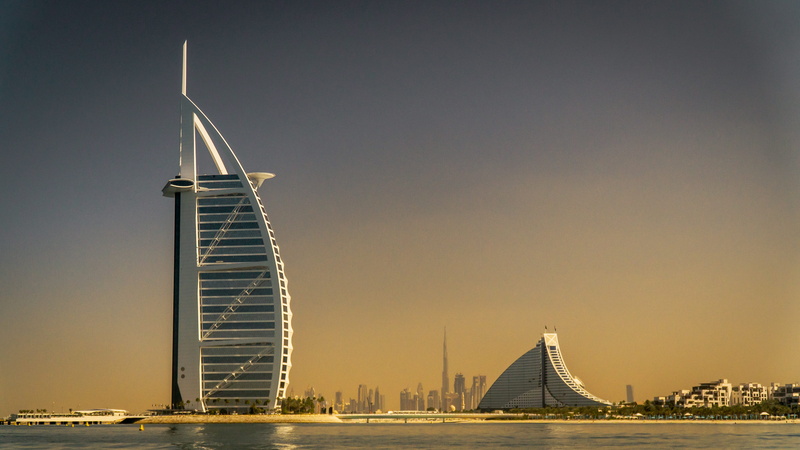 daytime, waterfront, water, no people, tall - high, sky, dubai, building exterior, sea, arab, al, bridge, office building exterior, city, modern, outdoors