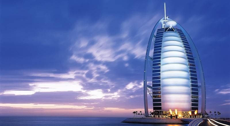 sky, building exterior, sea, Dubai, Arab, al, dusk, Burj, luxury, architecture, 1080P, gray, tower, blue, nature, travel, travel destinations, no people