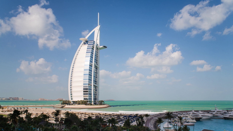 Buildings, United Arab Emirates, Dubai, Sea, Harbor, 1080P, Burj Al Arab, Horizon, Yacht, Building, Boat