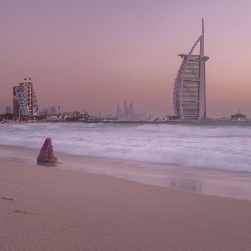 ocean, building exterior, cityscape, beach, outdoors, dawn, sky, pink color, seashore, nature, water, united arab emirates, 4K, buildings, waterfront