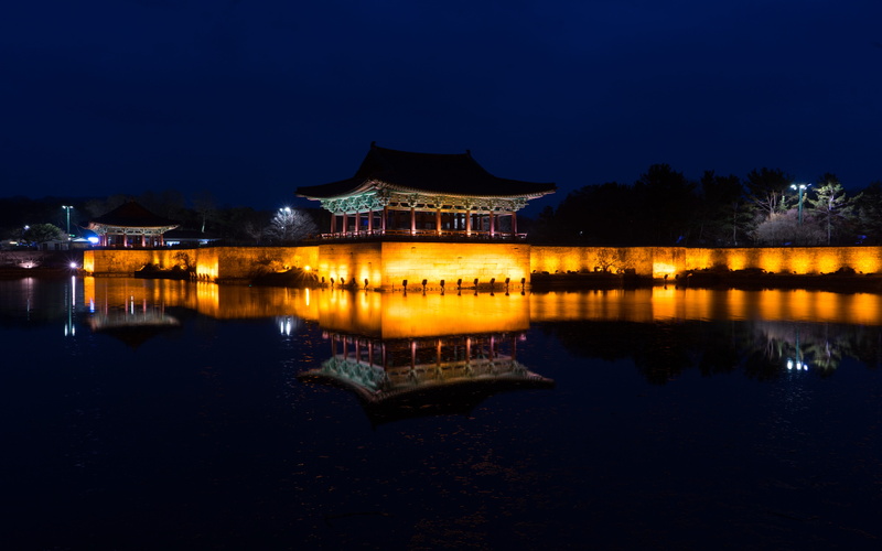 no people, night, building, arts culture and entertainment, reflection, cultural property, building exterior, city, reflections, republic of korea, architecture