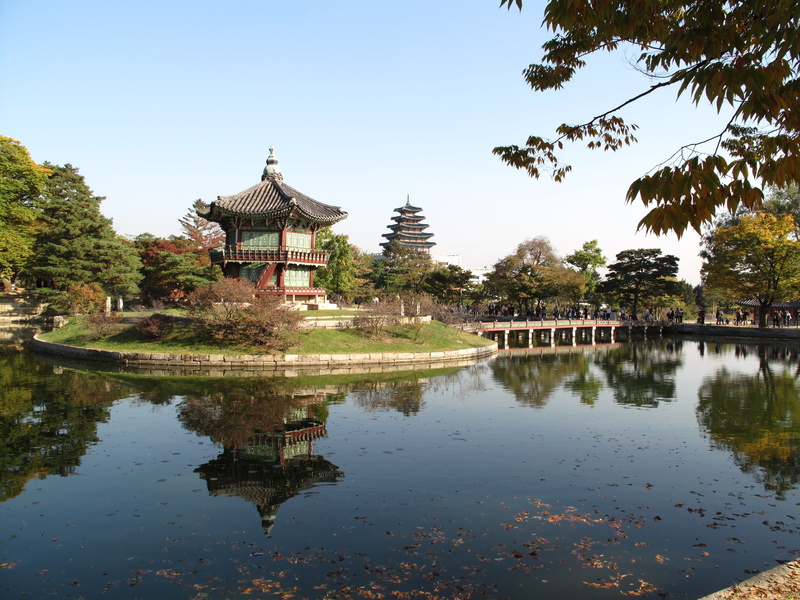 near, place of worship, waterfront, day, building, nature, house, reflection, gyeongbok palace, spirituality, cultural property, religion, lake, forbidden city