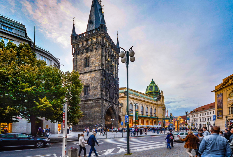 gothic, travel, city street, built structure, people, tower, republic, historic, concrete, czech, group of people, large group of people, outdoors, dusk