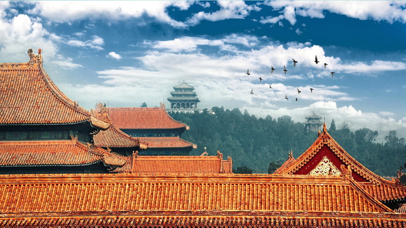 castle, architecture, travel, beijing, roof tile, tourism, travel destinations, history, building, religion, 4K, cloud - sky, built structure, birds, forbidden city