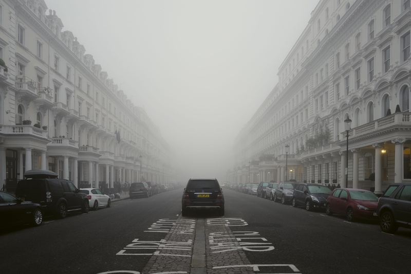 4K, city street, no people, sky, city, nature, car, diminishing perspective, direction, uran, fog, the way forward, outdoors, land vehicle, day, built structure