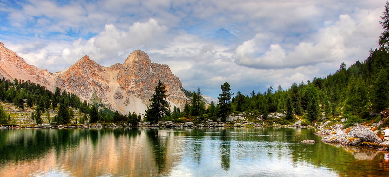 outdoors, plant, dolomites, tree, alm, forest, coniferous tree, beauty in nature, pine woodland, reflection lake, 2K, holiday, fanes, light, view, mountain peak