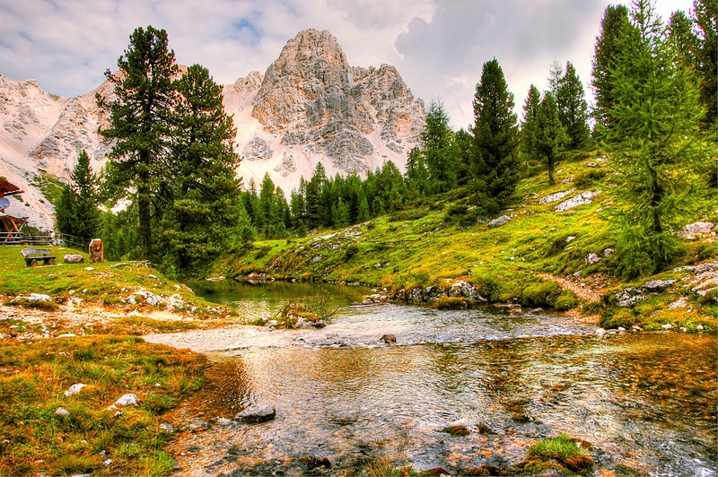 distant view, rubble field, mountain landscape, fanes alm, sunny, mountain range, scenics - nature, blue, lake, sun, summit, boulders, pine tree, view