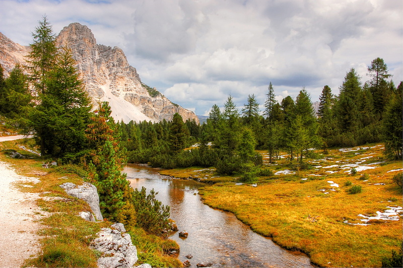 mountain range, lake, valley, landscape, rock - object, cloud - sky, coniferous tree, pine tree, 2K, fanes, water, river, rock, mountain, scenics - nature