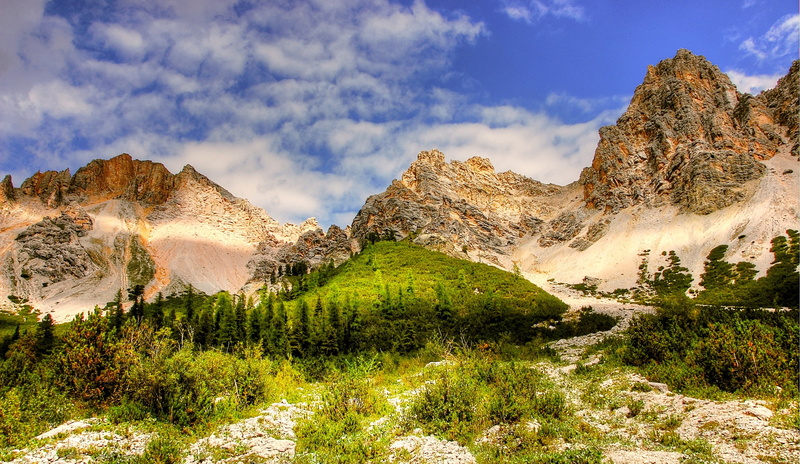 plant, outdoors, summer, rubble field, tree, cloud - sky, alp, travel, clouds, 2K, solid, pine tree, mountain peak, tranquil scene, formation, scenics - nature