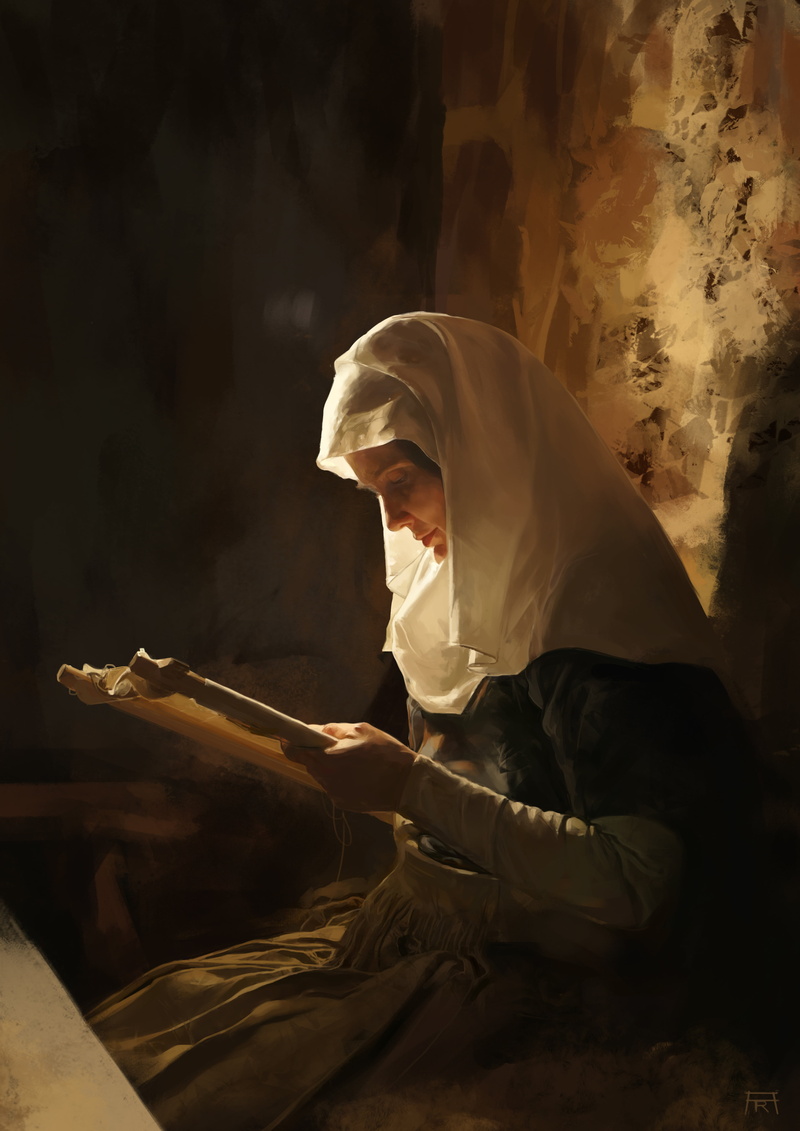 nuns, sitting, scrolls, artwork, digital painting, hoods, women indoors, portrait display, white dress, scarf, Amanieu Rebu, white clothing, dress, ArtStation