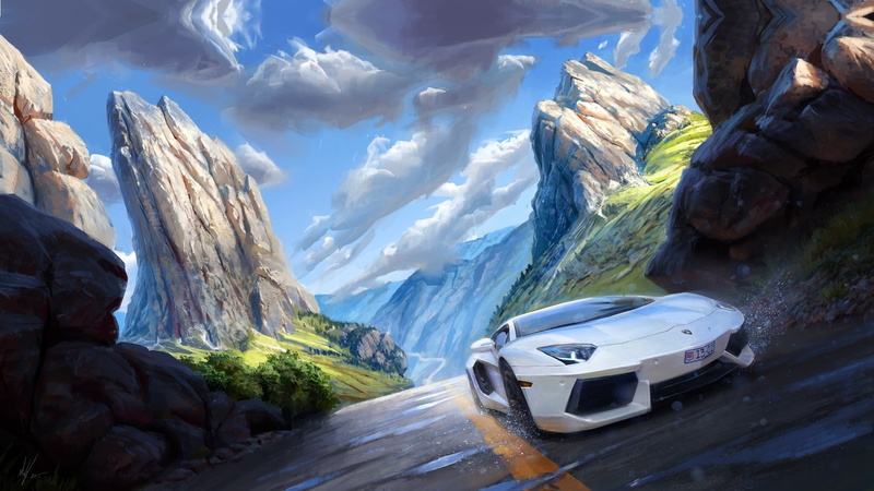 auto, art, landscape, Michal Kus, Lambo speeding, mountains, 1080P