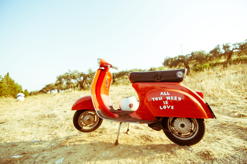 motor, plant, retro Styled, wheel, day, scooter, soil, open, red, text, moped, mode of transportation, love, land Vehicle, 4K, sunlight, land, driving