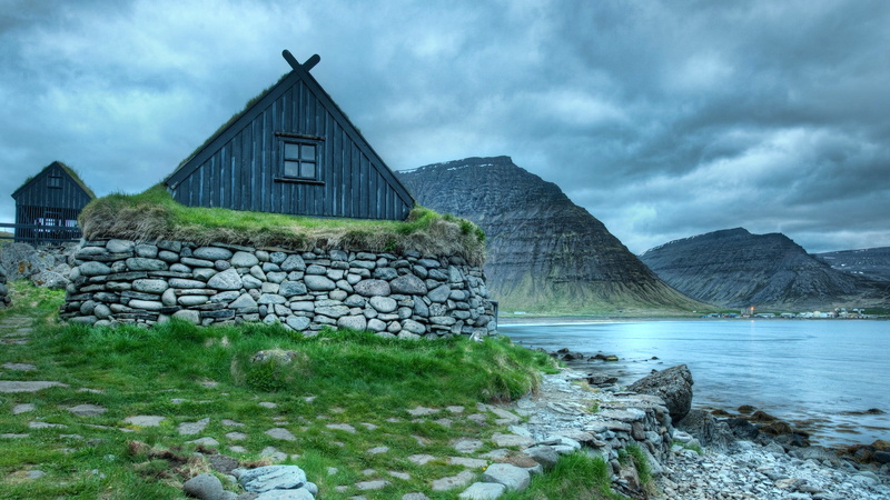 village, stone Material, cloud - Sky, brown, grass, landscape, cultures, 1080P, house, nature, wooden, solid, stone wall, no People, fjord, scotland, norway
