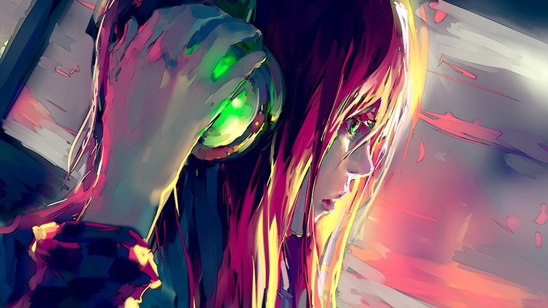 women, Fisheye Placebo, anime girls, anime, headphones, artwork, 1080P, green eyes
