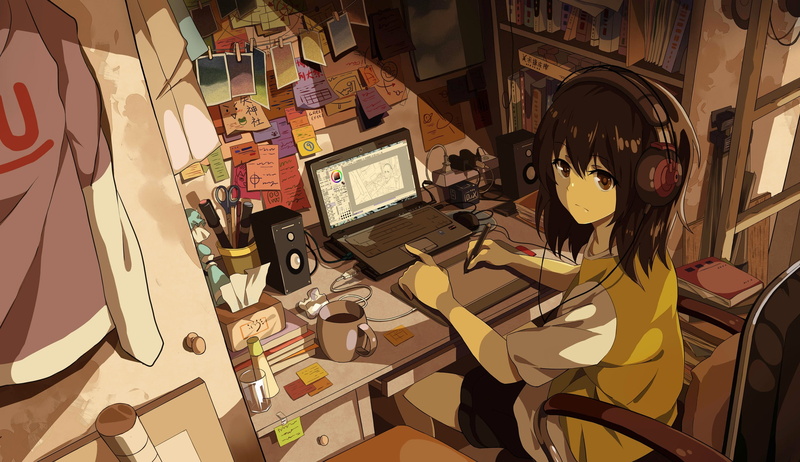 anime girls, original characters, room, 1080P, manga, laptop, headphones