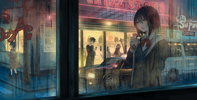 1080P, original characters, rain, city, night view, dark hair, headphones, anime girls, anime