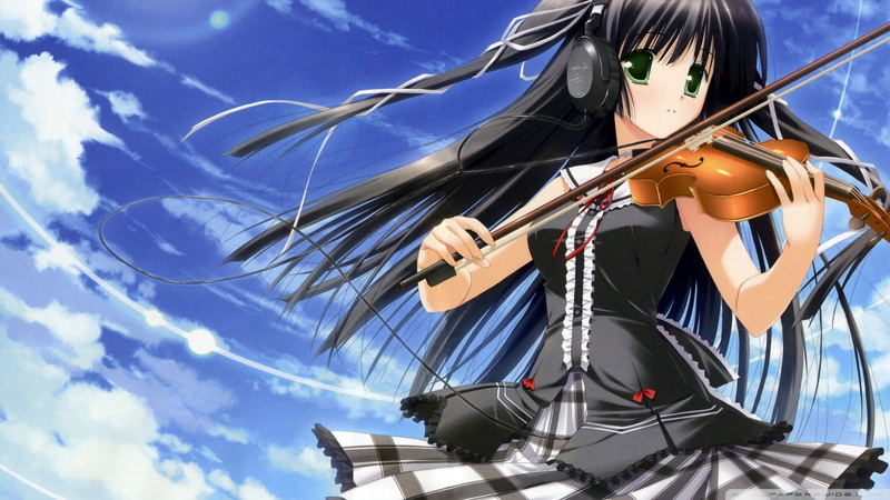 mode of transportation, brunette, outdoors, Kugenuma Ayane , pole, nature, Minna no Uta, 1080P, anime, day, musical instrument, sunny, low angle view