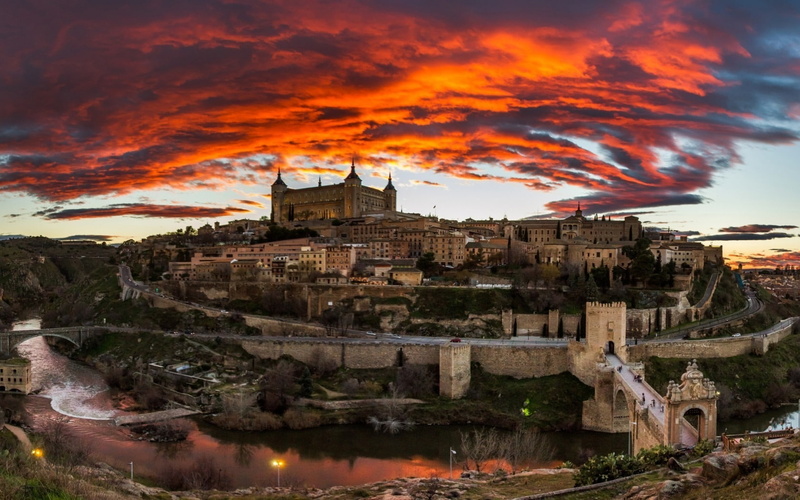 sky, river, 720P, spain, night, castle, landscape, toledo