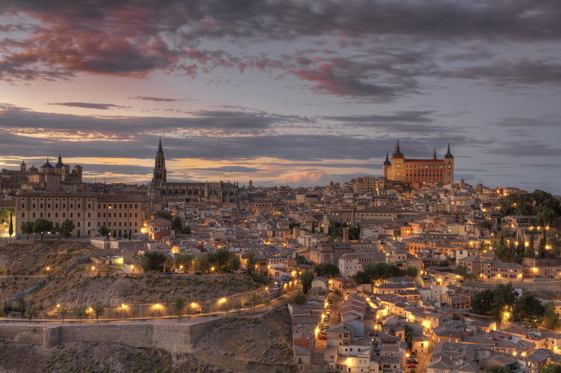 tourism, the past, sky, architecture, place of worship, city, sunset, Toledo, no people, history, dusk, building, built structure, cloud - sky, illuminated