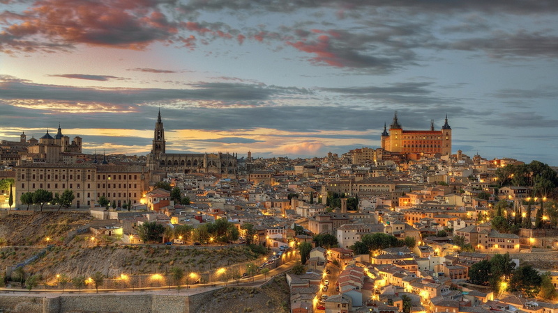 house, street light, evening, cathedral, castle, hills, clouds, Spain, building, old building, trees, cityscape, street, 1080P, city, architecture, Toledo