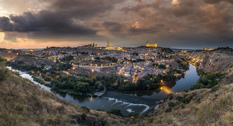 Toledo, Spain, river, panorama, home, the evening, castle, 1080P, lights