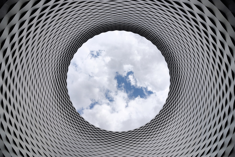 low angle view, photo, no people, hole, built structure, nature, tower, architecture, town, pattern, blue, basel, circle, cloud, 5K, cloud - sky, repetition