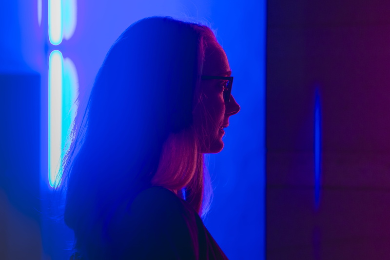 adult, neon, color, neon light, glasses, kunstmuseum, light - natural phenomenon, blonde, young adult, blue, headshot, basel, technology, girl, hairstyle