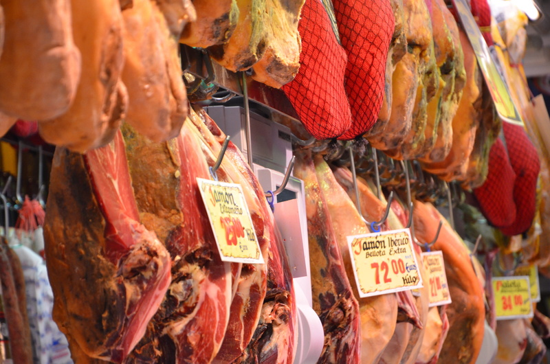 for sale, retail display, market, meat, ham, museo del jamon, hanging, large group of objects, food, small business, price tag, variation, no people, raw