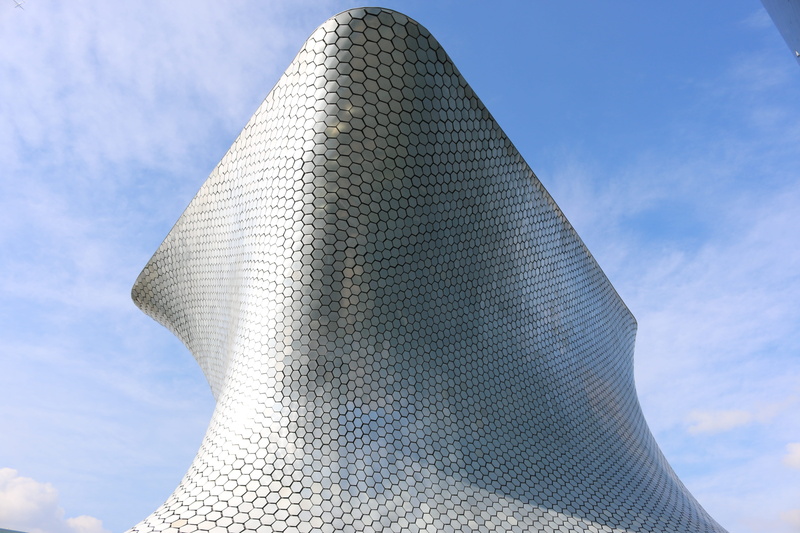 protection, clothing, sky, nature, architecture, mexico city, outdoors, close-up, skyscraper, day, sunlight, blue, low angle view, pyramid shape, soumaya museum