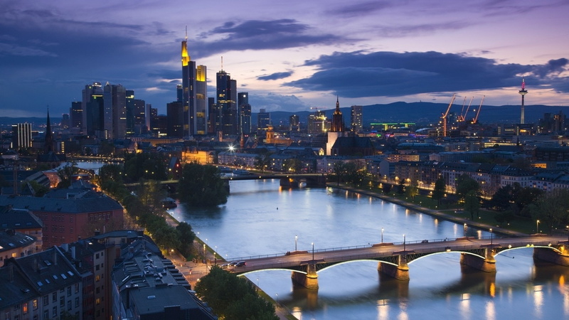 Skyscrapers, Evening, Germany, River, Streets, Lights, Bridges, Frankfurt, 1080P