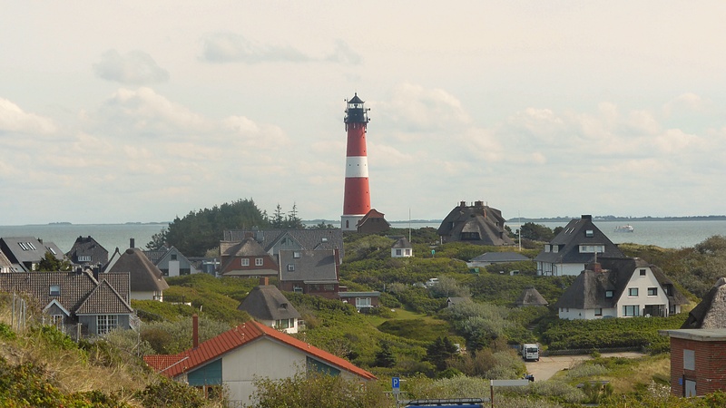house, near, north sea, architecture, sylt, red, outdoors, city, no people, white, tree, water, cloud - sky, tower, guidance, nature, building exterior