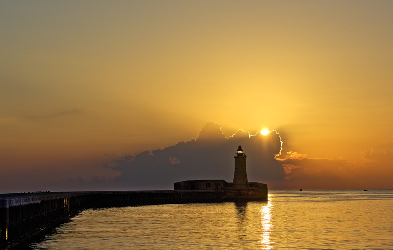 pink sunrise, reflection, outdoors, guidance, dark, building exterior, romantic, orange color, light, travel, lighthouse, valletta, malta, landmark, twilight