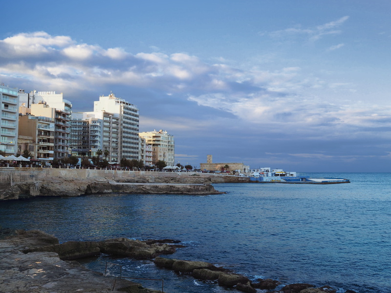 promenade, 4K, beach, swim, land, olympus, building, sliema, walk, island, europe, sunset, waterfront, malta, seascape, building exterior, rock - object