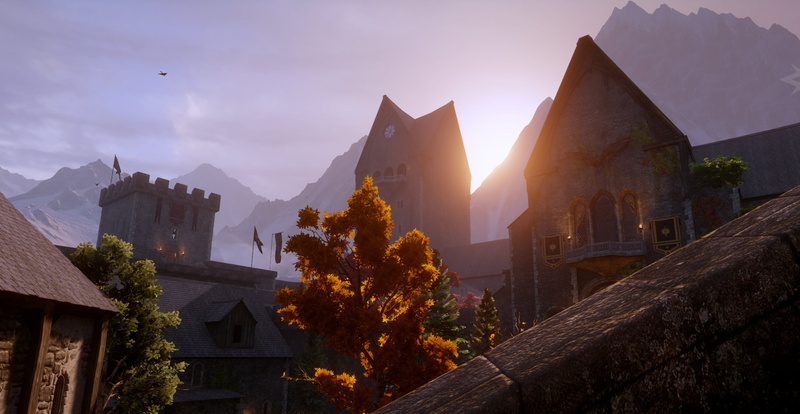 Skyhold, 1080P, Dragon Age Inquisition, landscape, orange, red, castle, mountains, Dragon Age