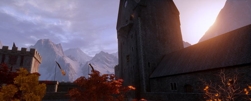 mountains, Dragon Age, castle, landscape, Skyhold, 2K, Dragon Age Inquisition, red, orange
