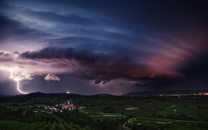 landscape, Austria, sunset, overcast, field, storm cloud, purple, rural scene, land, green, cloud - sky, village, clouds, power in nature, sky, outdoors