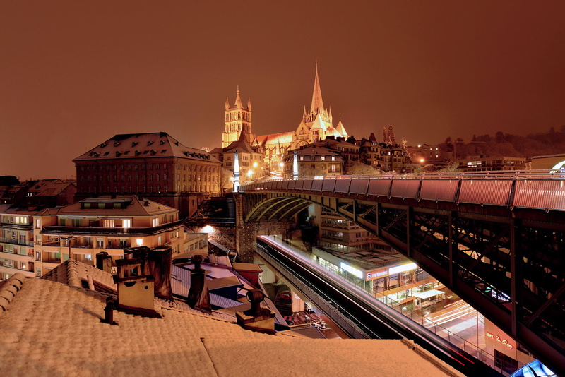 Switzerland, 1080P, bridge, home, Lausanne, lights, Cathedral, night