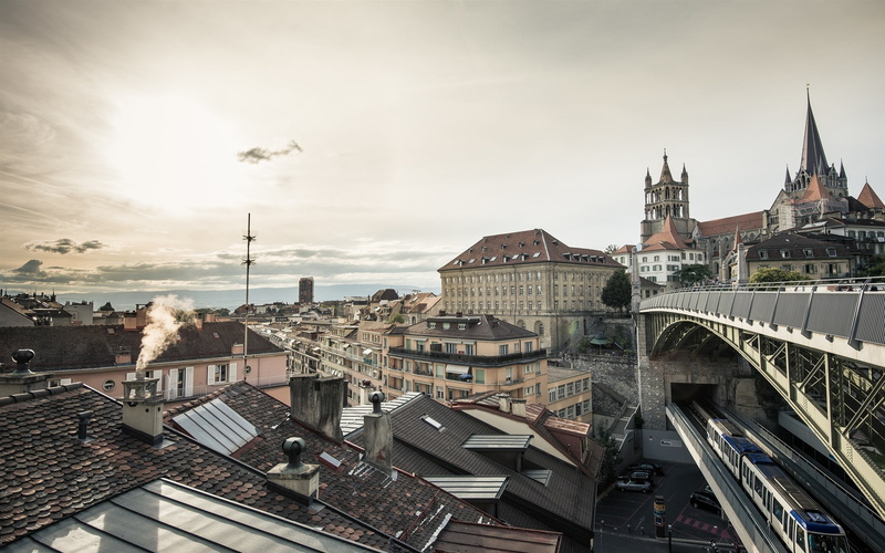 photography, Houses, Train, Dusk, City, aerial, 2K, Lausanne, Switzerland