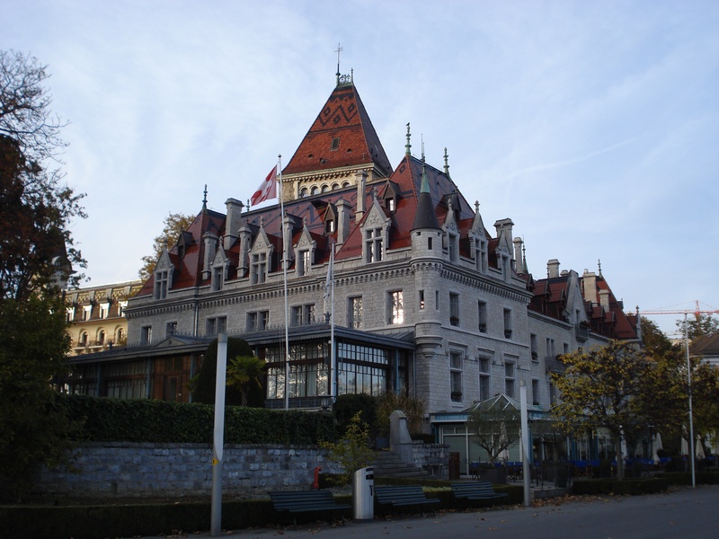 facade, building exterior, architecture, ouchy, lausanne, cloud - sky, tree, building, government, castle, 2K, sky, tourism, city, famous Place, day, art and craft