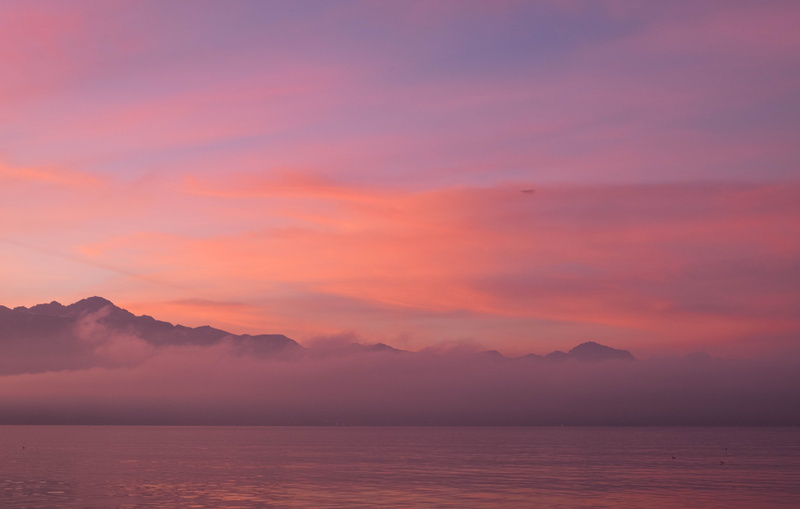mountain range, sunset, orange, clouds, sea, romantic sky, lake, mountain, switzerland, scenics - nature, pink, lausanne, outdoors, purple, travel destinations