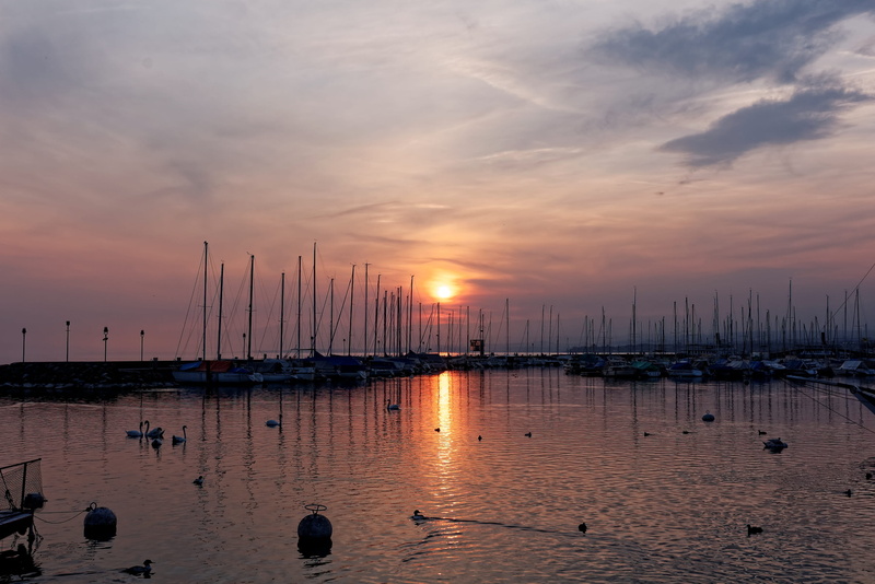 geneva, waterfront, yacht, lake, sunset, beauty in nature, no people, mode of transportation, bay, moored, transportation, nature, mood, water, sea, sailboat