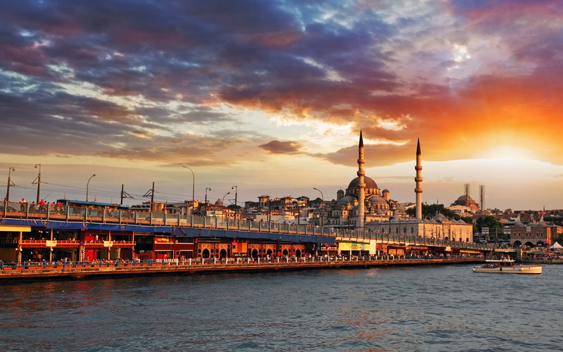 waterfront, belief, architecture, nature, no people, 1080P, travel, water, building, building exterior, built structure, istanbul turkey city sea bridge galata bridge mosque clouds sunset architecture islamic architecture yeni camii