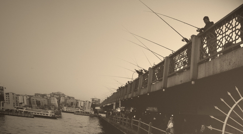 City, mode of transportation, fishing, galata, grayscale, nautical vessel, water, built structure, 2K, architecture, rod, bridge, bridge - man made structure