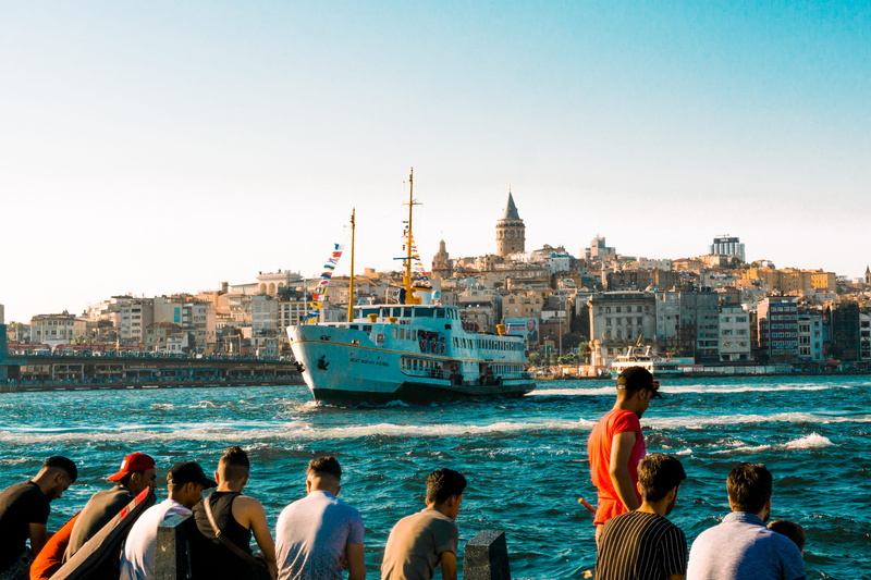 women, sky, group of people, built structure, 4K, cityscape, crowd, watercraft, day, bridge, city, eminonu, vessel, clear sky, ship, body, real people