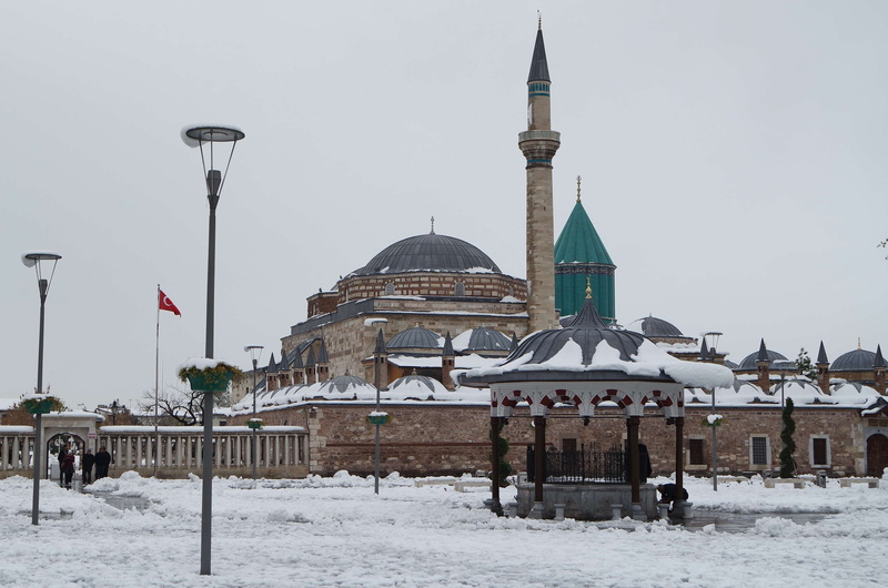 building exterior, snow, travel destinations, outdoors, religion, nature, cold, winter, cold temperature, sky, 4K, day, dome, mevlana, sepulcher, building