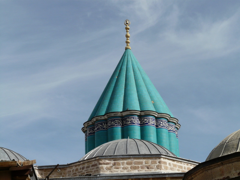 mosque, religion, building exterior, 2K, sky, low angle view, outdoors, cloud - sky, jalal ad din rumi, spire, mevlana, day, nature, blue, building, spirituality
