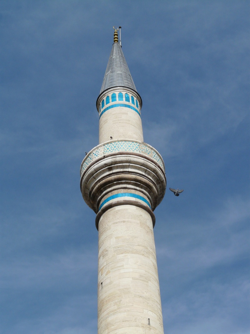 built structure, religion, travel, 2K, blue, cloud - sky, belief, jalal ad din rumi, tower, mevlana, dove, spire, day, low angle view, travel destinations