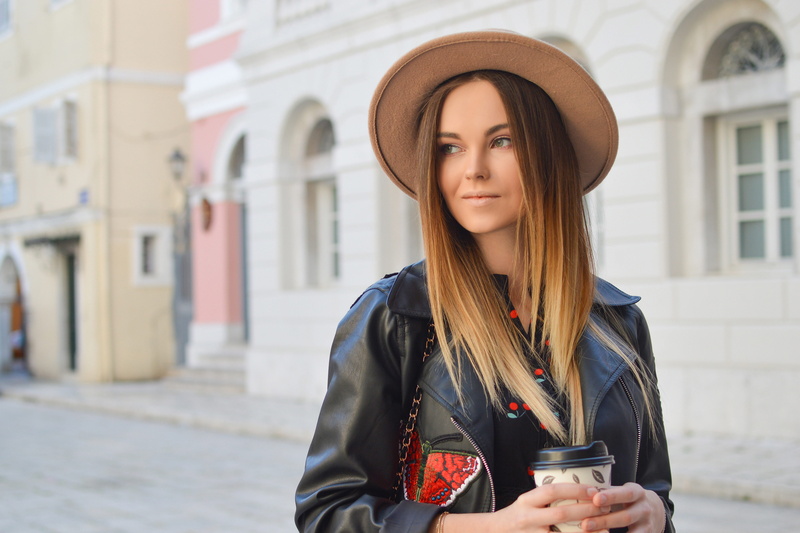 side, front view, looking, young Adult, focus, young Women, city, one Person, people, beautiful, females, photography, black leather jacket, looking at camera