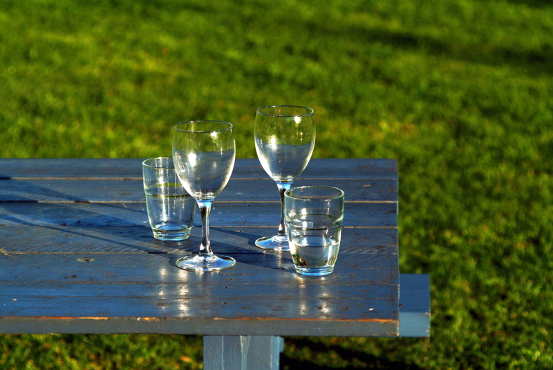 glass - material, wine glasses, drinking glass, household equipment, tray, table, transparent, grass, water, 4K, nature, outdoors, plant, day, wood - material